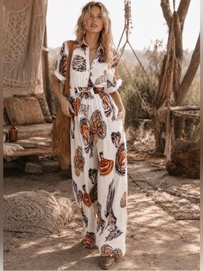 🌟B691. Boho Chic Print Wide Leg Jumpsuit